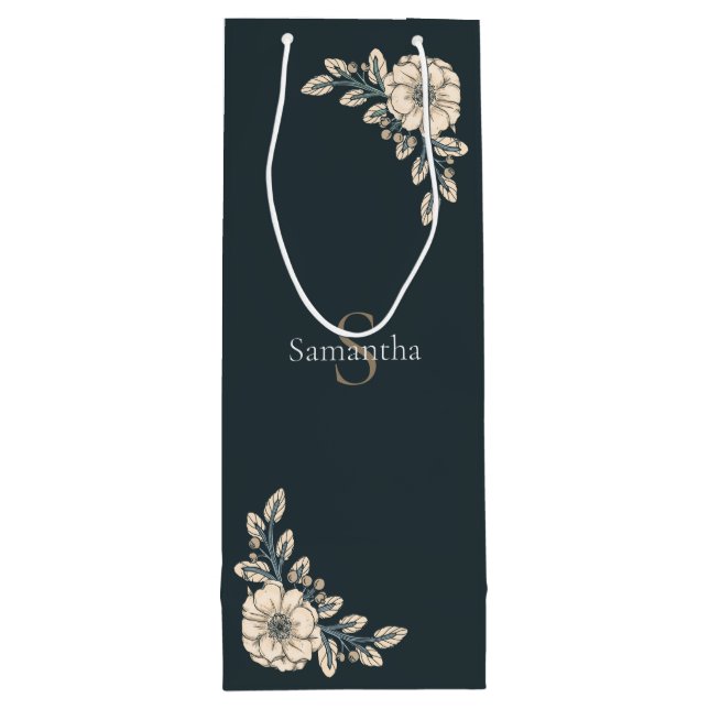 Oxford Blue Gold Monogram Elegant Flowers Wine Gift Bag (Back)