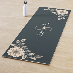 Oxford Blue Gold Monogram Elegant Flowers Yoga Mat