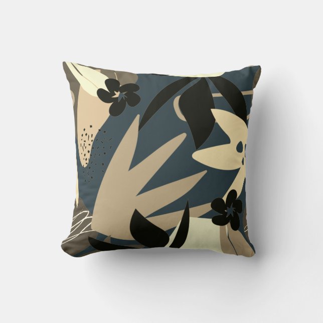 Oxford Blue Tan & Black Artistic Abstract Leaves Cushion (Front)