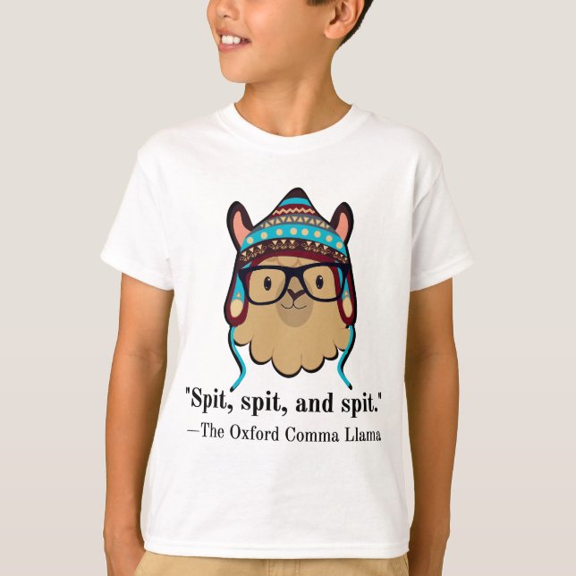 Oxford comma llama grammar nerd black text spit T-Shirt (Front)
