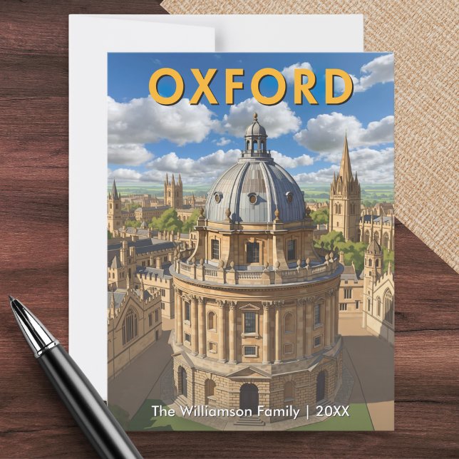 Oxford Skyline Radcliffe Camera Retro Personalised Postcard (A personalized postcard featuring the city of Oxford, UK inspired by mid-century travel poster style)
