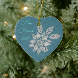 Oxford Teal and Silver Poinsettia Ceramic Tree Decoration