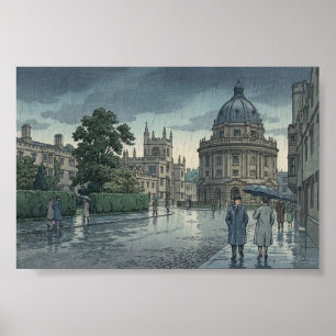 Oxford University in Rain Japanese Woodblock Print