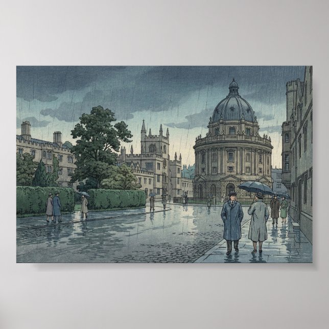 Oxford University in Rain Japanese Woodblock Print (Front)