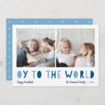 Oy to the World | 2 Photo Hanukkah Holiday Card<br><div class="desc">Whimsical Hanukkah photo card features two of your favourite family photos in a square format aligned side by side. "Oy to the World" appears beneath in blue cutout lettering. Personalise with your family name or names, custom greeting, and the year along the bottom. A funny and modern Hanukkah card designed...</div>