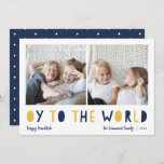 Oy to the World | 2 Photo Hanukkah Holiday Card<br><div class="desc">Whimsical Hanukkah photo card features two of your favourite family photos in a square format aligned side by side. "Oy to the World" appears beneath in blue and golden yellow cutout lettering. Personalise with your family name or names, custom greeting, and the year along the bottom. A funny and modern...</div>