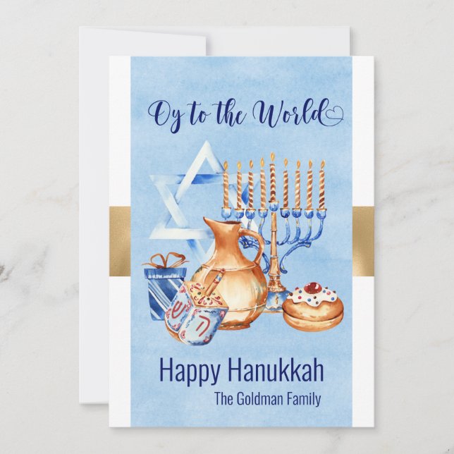 Oy to the World Blue Gold Hanukkah Holiday Card (Front)