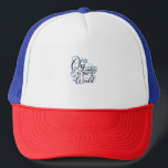 Oy to the World Hanukkah Jewish Funny  Trucker Hat<br><div class="desc">Jewish holiday humour,  Hanukkah 2025,  menorah celebration,  oy vey joke,  Hanukkah pun,  Jewish Christmas parody,  holiday season Jewish humour,  festive Jewish saying,  menorah tee</div>