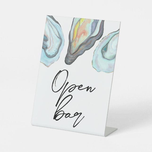 Oyster Bar Coastal Wedding Open Bar Pedestal Sign (Front)