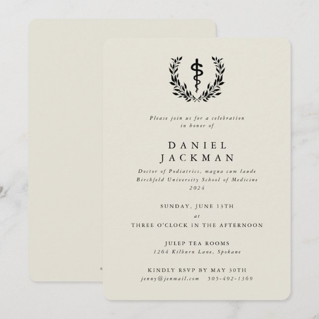 Oyster/Black Asclepius Medical School Graduation Invitation (Front/Back)