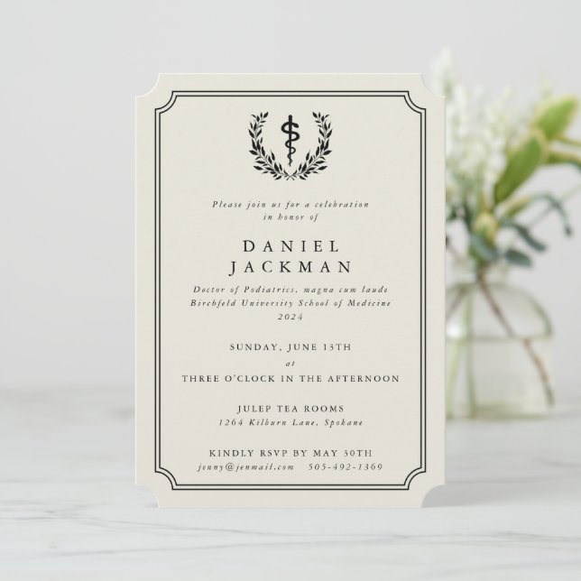 Oyster/Black Asclepius Medical School Graduation Invitation (Standing Front)