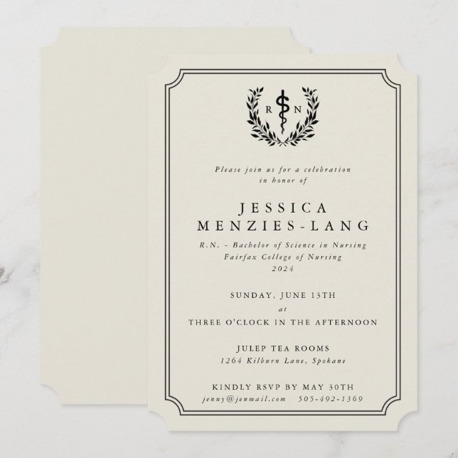 Oyster/Black Registered Nurse Asclepius Graduation Invitation (Front/Back)