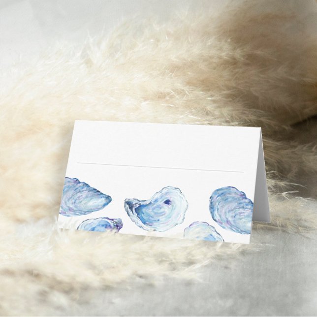 Oyster Blue Watercolor Beach Wedding Lined Place Card (Blue Oyster Watercolor blank place card with line for writing names)