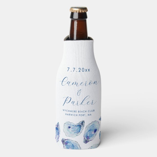Oyster Blue Watercolor Wedding Favour Bottle Cooler (Bottle Front)