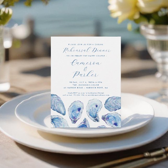Oyster Casual Wedding Rehearsal Blue Watercolor Invitation (Oyster Casual Wedding Rehearsal Dinner Invitation in elegant blue watercolor from Concertina Press)
