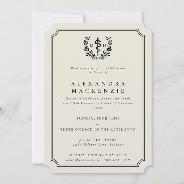 Oyster MD Asclepius + Laurel Wreath Graduation Invitation (Front)