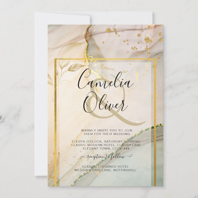 Oyster Pearl Gold WEDDING Alcohol Ink Abstract Invitation (Front)