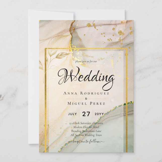 Oyster Pearl Gold WEDDING Alcohol Ink Abstract Invitation (Front)