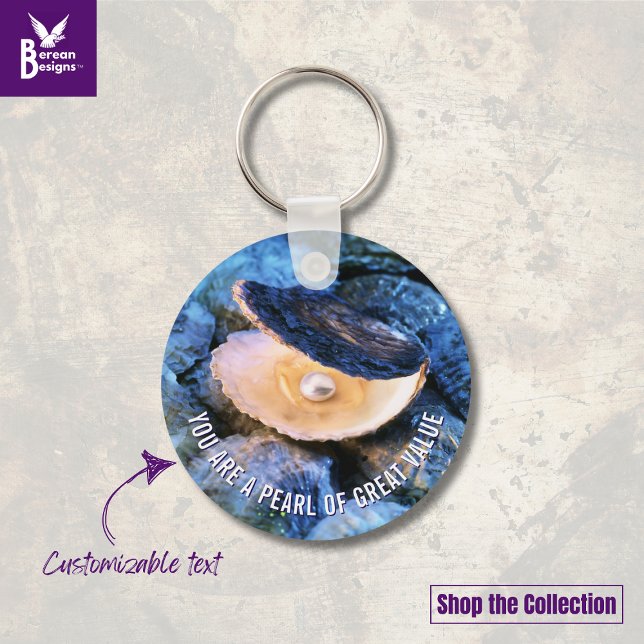 OYSTER Pearl of Great Value Custom Christian Key Ring (Blue OYSTER aesthetic keychain with CUSTOMIZABLE Christian Bible verse. Ideal gift for her.)