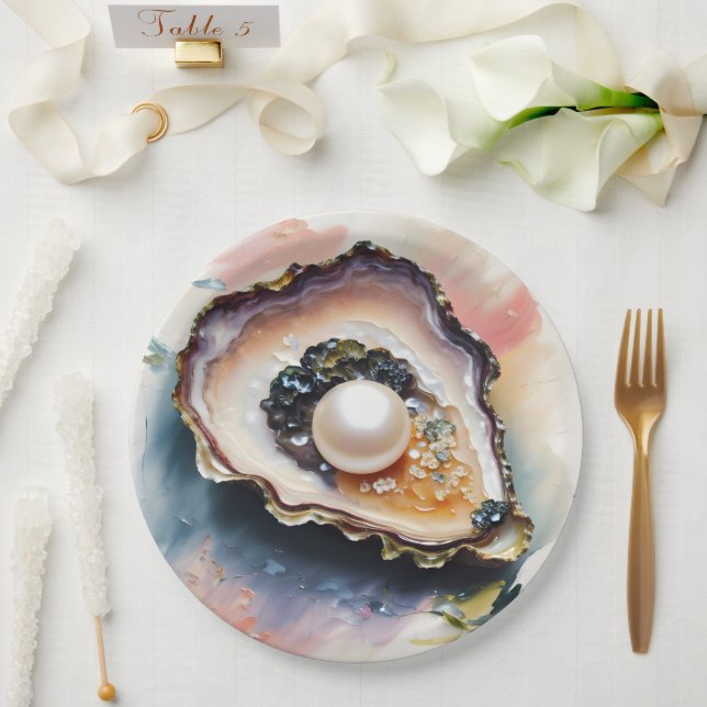 Oyster Pearl Shellfish Art Paper Plate (Wedding)