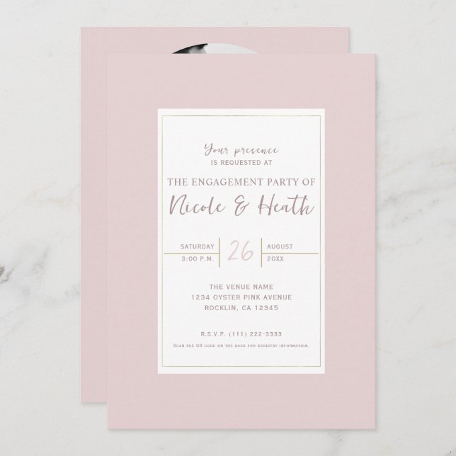 Oyster Pink & Gold Modern Minimal Engagement Invitation (Front/Back)