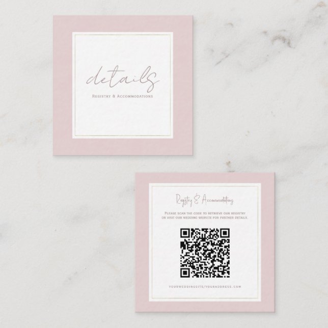 Oyster Pink & Gold Modern Minimal Wedding Details Square Business Card (Front/Back)