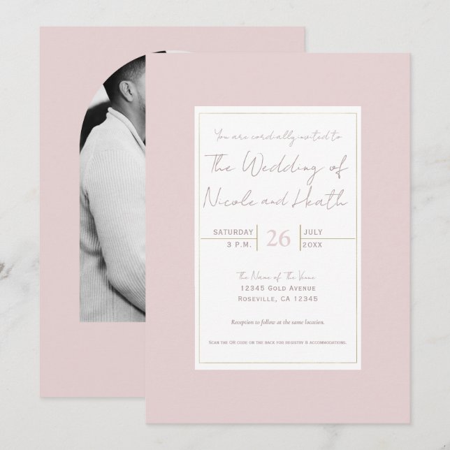 Oyster Pink & Gold Modern Minimal Wedding Invitation (Front/Back)
