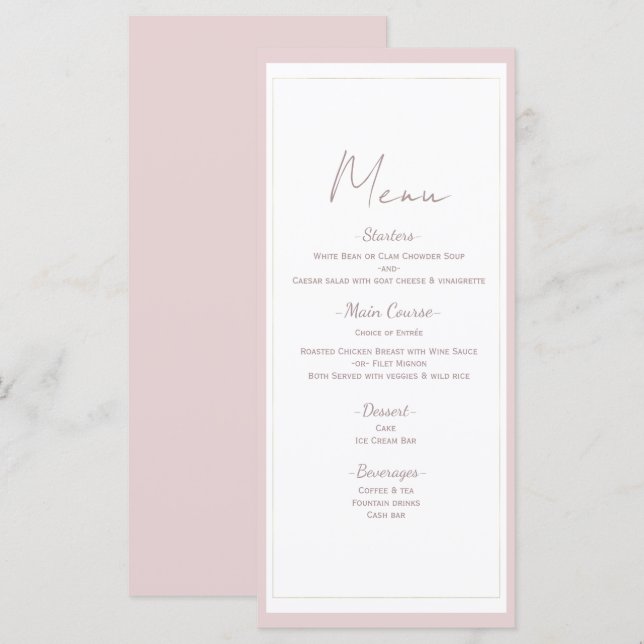 Oyster Pink & Gold Modern Minimal Wedding Menu (Front/Back)