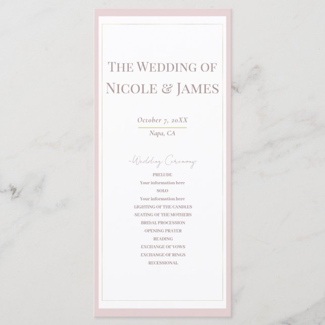 Oyster Pink & Gold Modern Minimal Wedding Program Programme (Front)