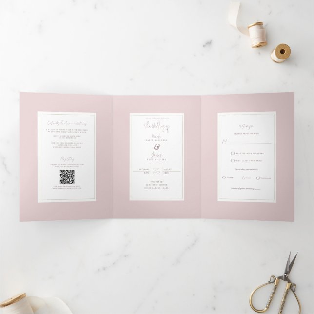 Oyster Pink & Gold Modern Minimal Wedding Tri-Fold Invitation (Inside)