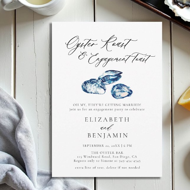 Oyster Roast Blue Watercolor Chic Engagement Party Invitation (nautical engagement invitation oyster party coastal seaside yacht boat beach water blue watercor)