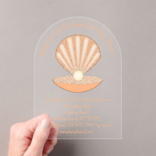 Oyster shell and Pearl Gender Neutral Baby Shower Acrylic Invitations