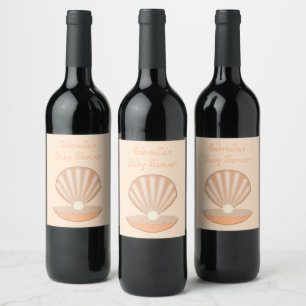 Oyster shell and Pearl Gender Neutral Baby Shower Wine Label