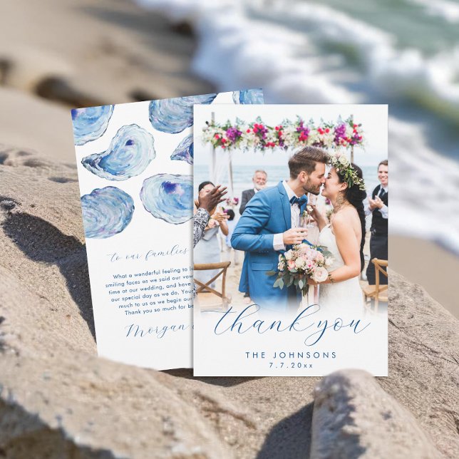 Oyster Watercolor Beach Wedding Flat Photo Thank You Card (Oyster Wedding Thank You Cards with elegant blue watercolor illustration and photo. Concertina Press)