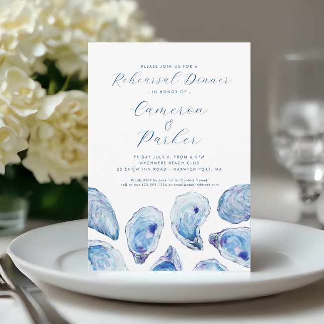 Oyster Wedding Rehearsal Blue Watercolor Invitation (Oyster Rehearsal Dinner Invitation with elegant blue watercoor oyster shells from Concertina Press)