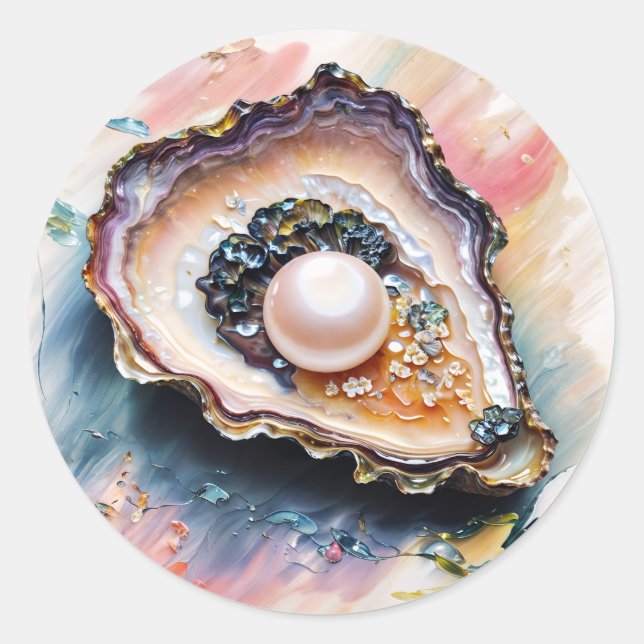 Oyster With Pearl Sea Life Art Classic Round Sticker (Front)