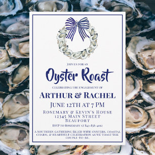 Oyster Wreath Blue Striped Ribbon Engagement  Invitation