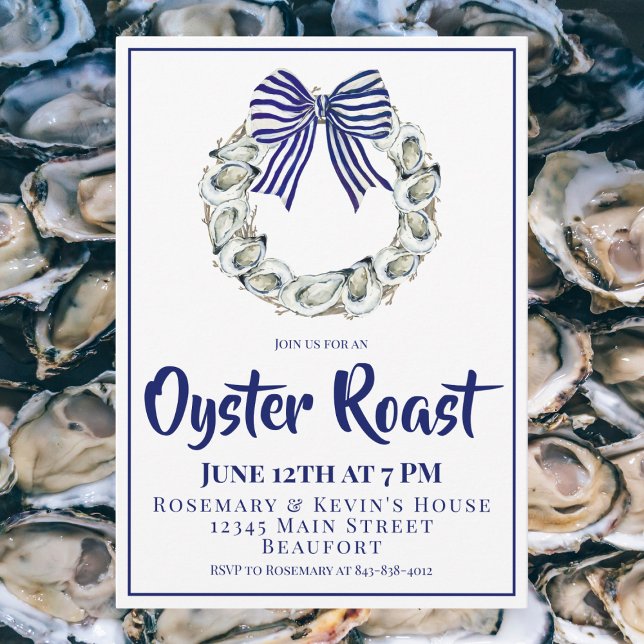 Oyster Wreath Blue Striped Ribbon Oyster Roast Invitation (Creator Uploaded)