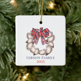 Oyster Wreath Christmas Plaid Ribbon Custom Ceramic Ornament