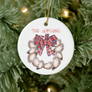 Oyster Wreath with Plaid Ribbon Personalised Ceramic Tree Decoration