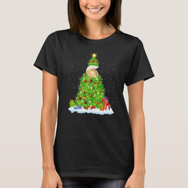 Oyster Xmas Lighting Tree Funny Oyster Christmas T-Shirt (Front)