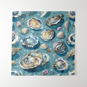 Oysters Clams Seashells Pattern Blue Tapestry