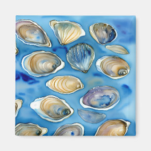 Oysters Clams Seashells Watercolor Blue Magnet