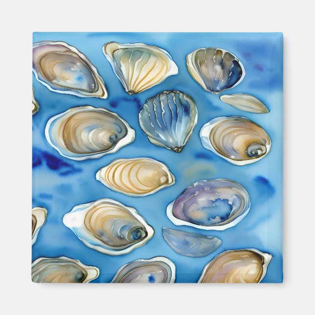 Oysters Clams Seashells Watercolor Blue Magnet (Front)