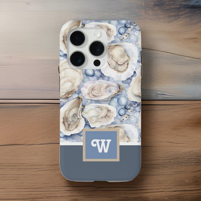 Oysters n Pearls Blue Grey Tan Monogram Initial Case-Mate iPhone Case (Creator Uploaded)
