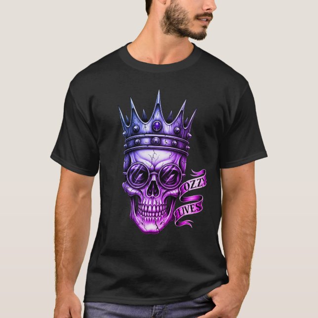 Ozzy Lives Skull Glasses Crown Biker Tattoo Purple T-Shirt (Front)