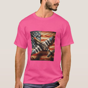 P51 Mustang WW2 Warplane Distressed American Flag T-Shirt
