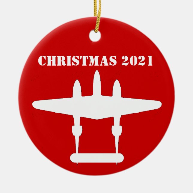 P-38 Lightning Christmas 202 Red & White Ceramic O Tree Decoration (Front)