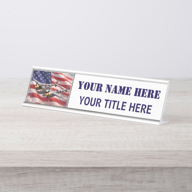 P-38 Lightning with US Flag Desk Name Plate (Front)