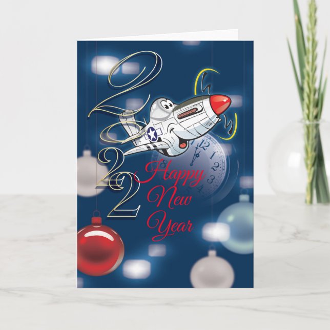 P-51 Mustang, Happy New Year card, editable text H Holiday Card (Front)